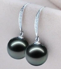 Envío gratis 13377 PAR DE 9-9.5 MM TAHITIAN NATURAL GENUINO NEGRO PENDIENTE de LA PERLA