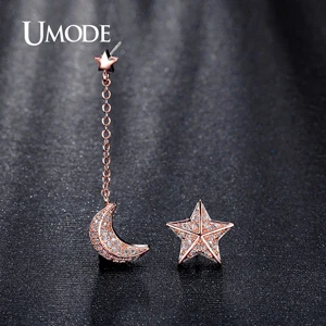 UMODE неодинаковые серьги в виде звезды и Луны с цепочкой, фианит, розовое золото, серьги-капли для женщин, Pendientes, высокое качество, UE0196 - Окраска металла: 18K Rose Gold Plated