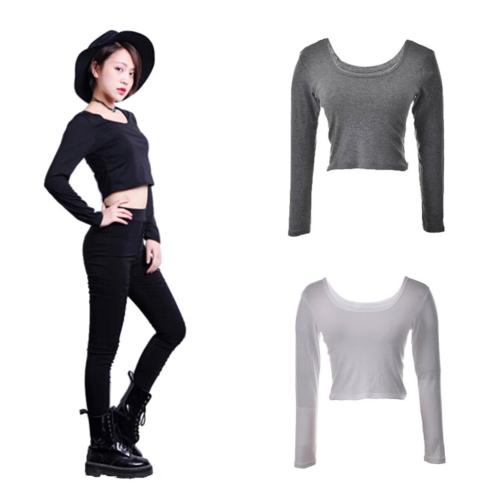 

Fall fashion autumn Sexy Crop Top Ladies long Sleeve t shirt women tops Basic Stretch T-shirts Bare-midriff Black Grey White