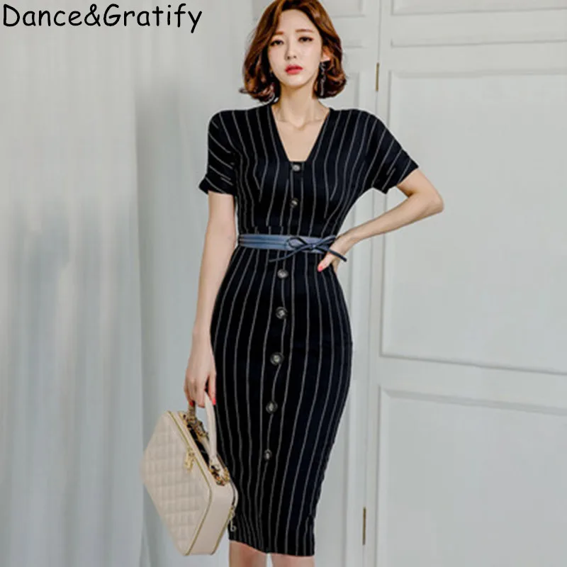 

New High Quality Women Elegant Striped Office Work Dress 2019 Summer V-neck Ladies Long Midi Business Dresses