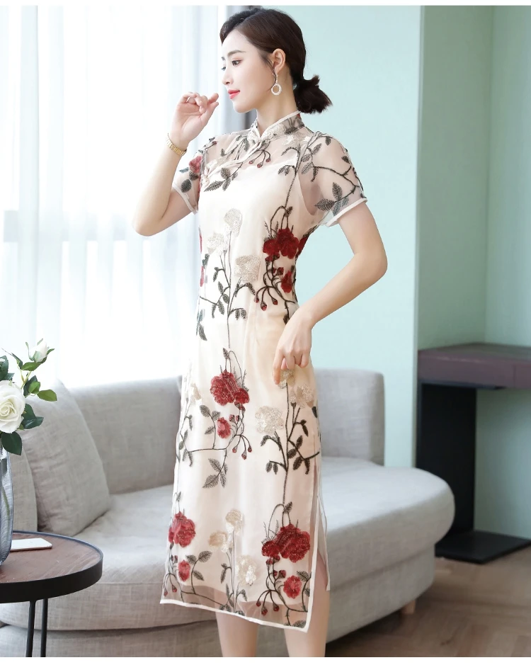 Элегантная Цветочная вышивка Cheongsam китайский стиль атласное платье винтажное платье Ципао Лето короткий рукав печатных шелк Ципао