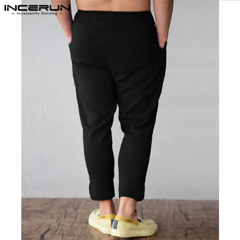 INCERUN брюки-галифе летние пляжные штаны Одноцветный мешок мужские девять брюки эластичная лента сосновый Приморский Ретро брюки