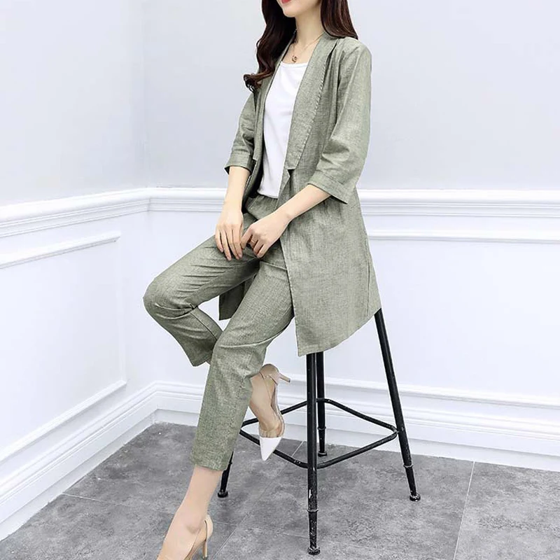 Ellacey Cotton Linen Blazer Pant Suits Women's 2019 Spring Fashion Two-piece Suit Office Ladies Elegant 2 Pieces Pants Suit