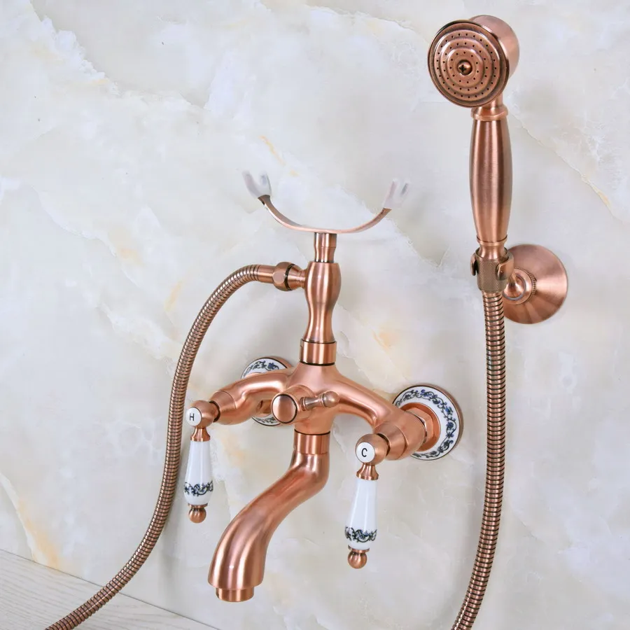 

Antique Red Copper Wall Mounted Bathroom Tub Faucet Dual Ceramics Handles Telephone Style Hand Shower Clawfoot Tub Filler ana368