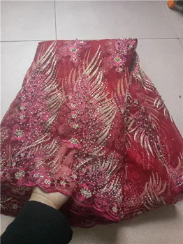 

Free shipping (5yards/pc) embroidered African French net lace fabric with beads and sequins for party dress BK006