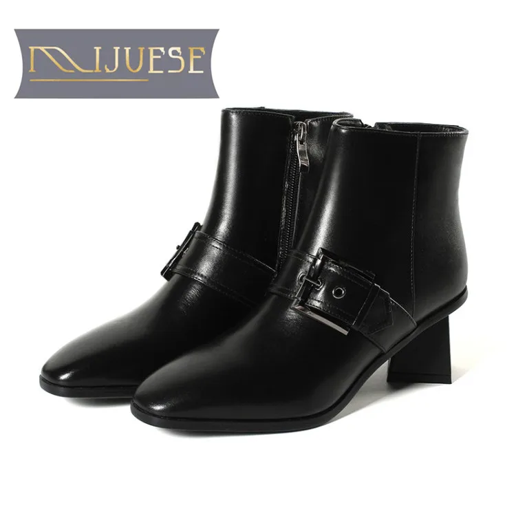 

MLJUESE 2019 women ankle boots cow leather buckle strap slip on square toe autumn spring women boots size 34-43