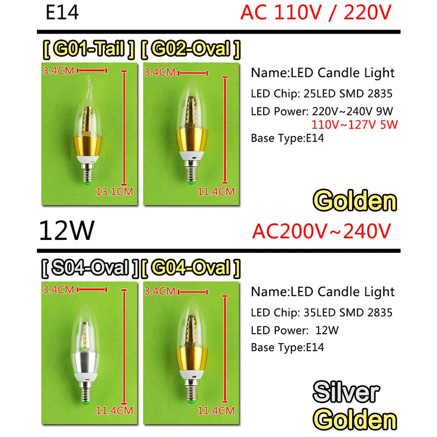 Золотой, серебряный, 5 Вт, 9 Вт, 12 Вт, E14 Светодиодный светильник в виде свечи, алюминиевый корпус, светодиодный светильник, 110 В, 220 В, светодиодный светильник, E14, холодный, теплый, белый, Lampara 2835