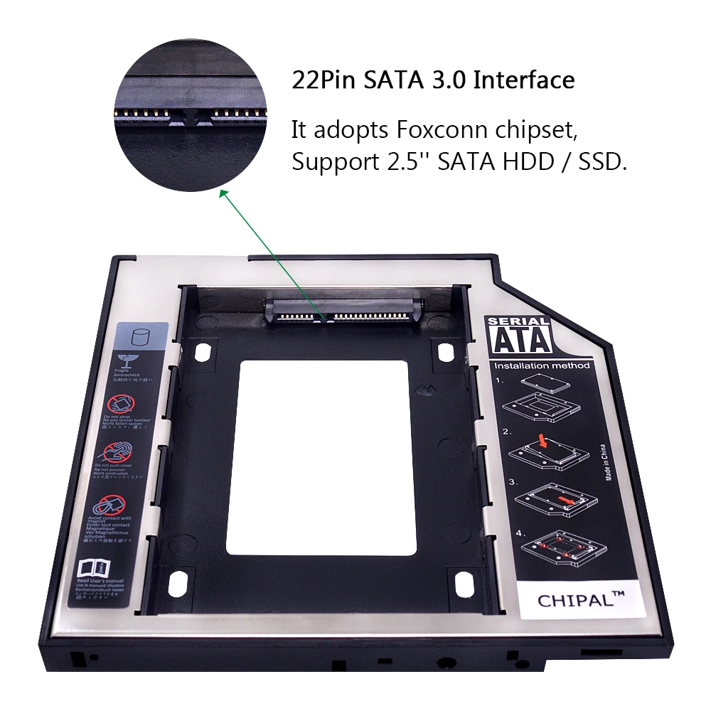 CHIPAL 2nd HDD Caddy 9,5 мм SATA to SATA для 2," 2 T SSD чехол Корпус для жесткого диска со Светодиодный индикатор для ноутбука CD-ROM DVD-ROM