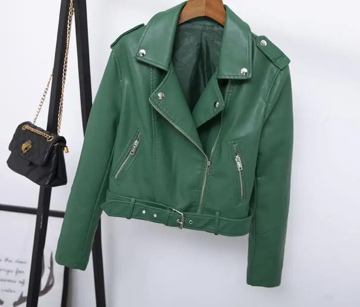 Весенние женские модные Байкерские Куртки из искусственной кожи красное кожаное пальто - Цвет: Зеленый
