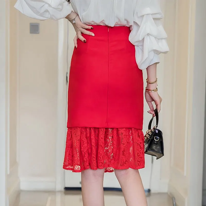 SEXMKL/кружевная черная юбка-карандаш в стиле пэчворк, сексуальные зимние женские Юбки-миди с высокой талией, Женская Офисная уличная одежда большого размера, юбка - Цвет: Красный
