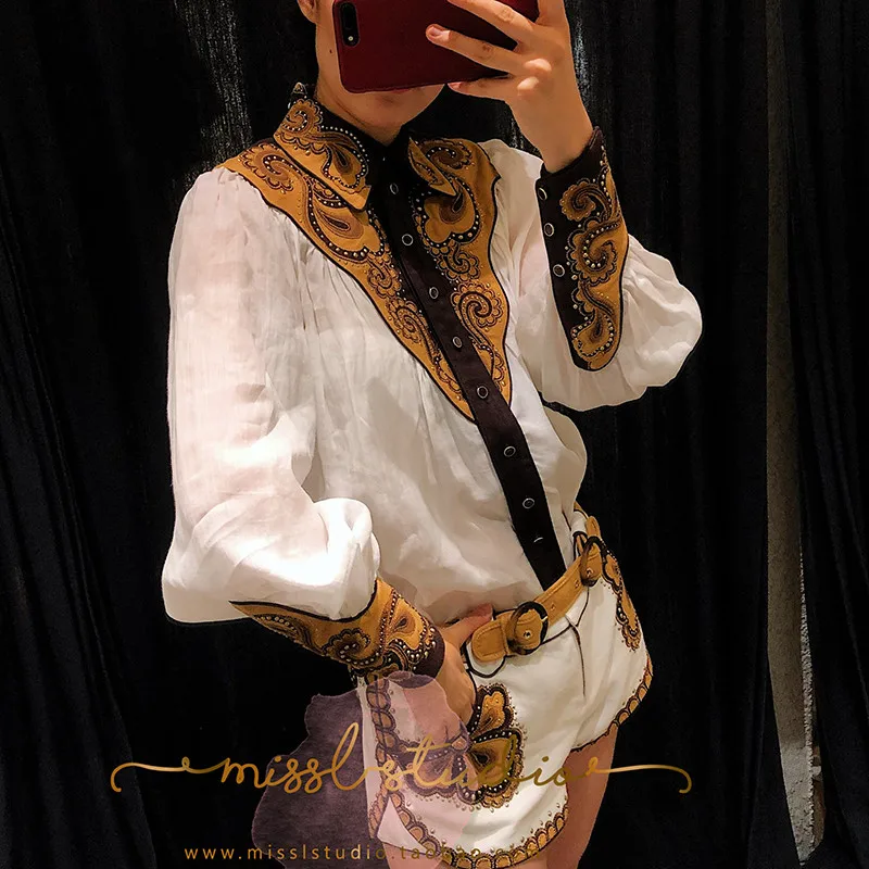 Designer Summer Runway Vacation Two-Pieces Sets Women Long Sleeve Cotton Vintage Printed Top (5)