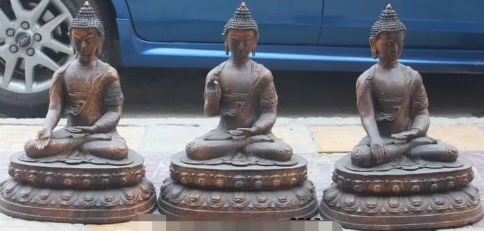 

S01147 18"Old Tibet Bronze Seat lotus Shakyamuni Sakyamuni Amitabha Buddha Statue Set