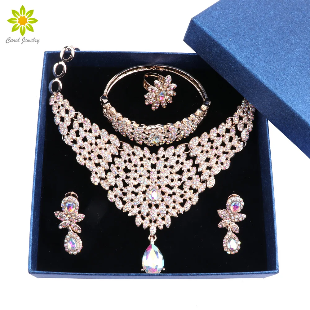 

Fashion African Women Wedding Jewelry Sets Dubai Vintage Crystal Necklaces Bracelet Ring Earrings Jewellery Sets with Gift Boxes