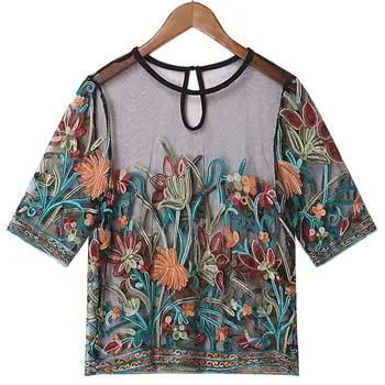 

Plus Size S-5XL Women Tops Sexy Hollow Out Floral Embroidery Women Shirts Fashion Mesh Fabric Short Sleeve Blouse Women Blouses