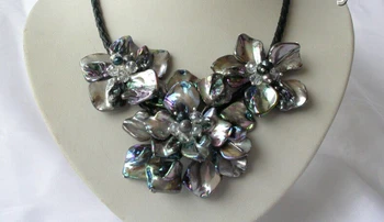 

Prett Lovely Women's Wedding FREE shipping>>>>classic baroque freshwater cultured pearl shell flower leather necklace h968