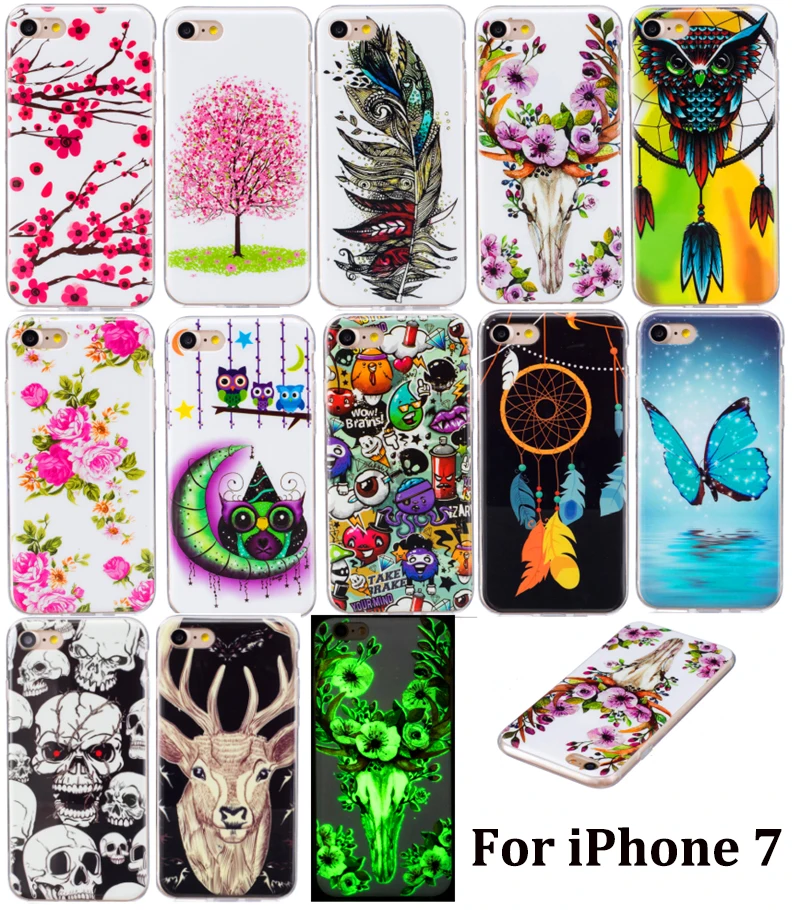 

5Pcs/lot For iPhone 7 Iphone7 Case Luminous Animal Flower Anime Silicone TPU Skin Soft Back Cover Phone Case for Apple Iphone 7