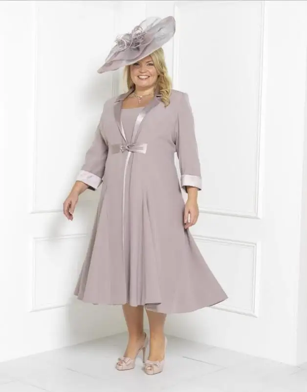 

Mother Of The Bride Dresses Tea Length Scoop Neck Chiffon 2 Pieces Plus Size New