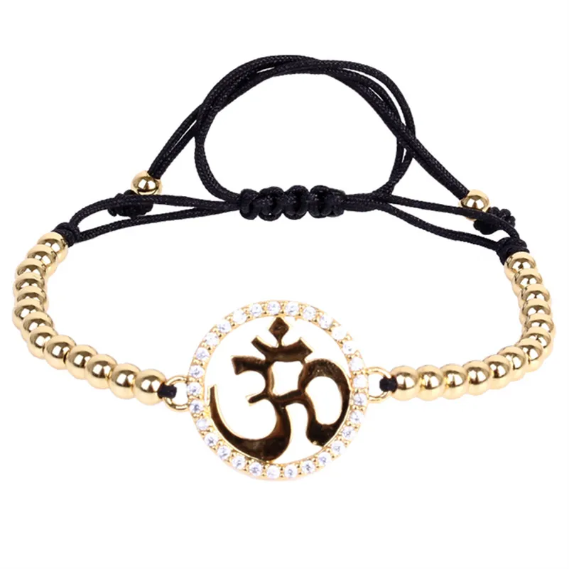 OM Bracelets 4mm CZ Metal Beads Hinduism Charm Bracelet Yoga Mala