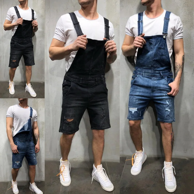 

Puimentiua Plus Size 3XL Men's Ripped denim shorts Distressed Bib Overalls Male Casual Suspender trouser Torridity Playsuit