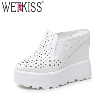 

WETKISS 2020 Fashion Solid Slippers Rounded toe Hollow Polka Doa Mules Shoes Women High Wedges Flatform Summer Shoes Cozy Slides