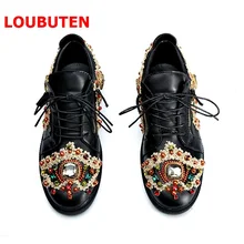 LOUBUTEN 2018 Fashion Show Black Leather Shoes Men Mixed-color Rhinestone Sneakers Luxury Lace-up Beading Hip Hop Shoes