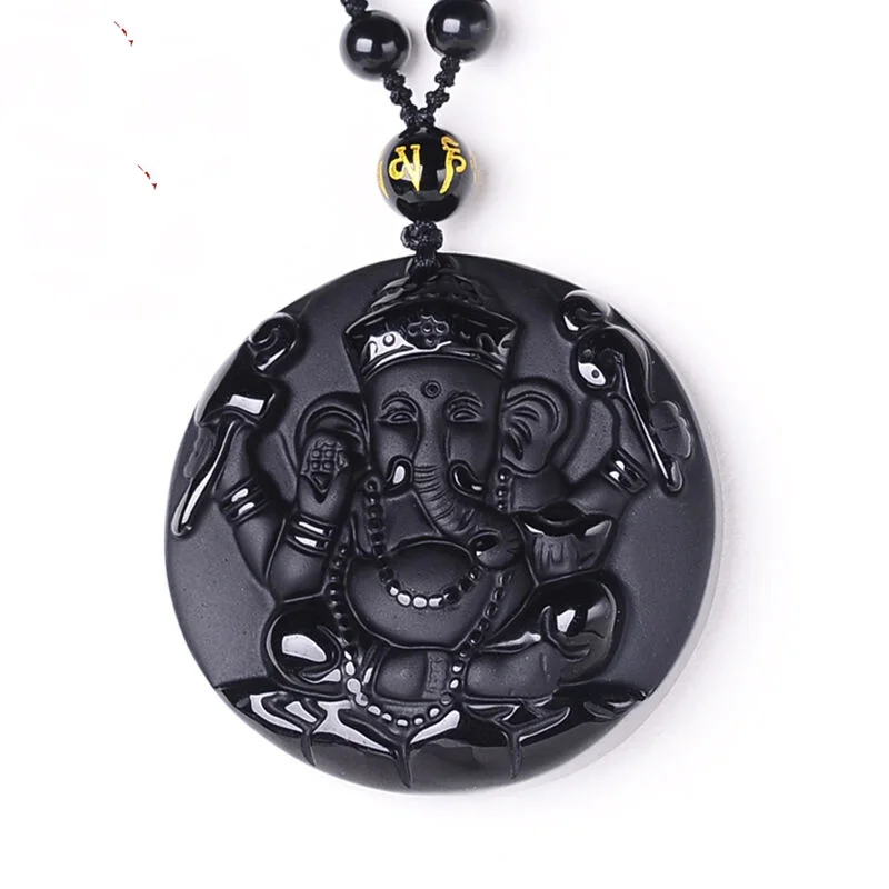 

Natural Black Obsidian Pendant Carved Ganesh Elephant Lucky Pendants Free Necklace Fine Crystal Fashion woman man Amulet Jewelry