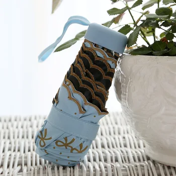 

Super light small gold bowknot Embroidery wavy edge sun umbrella anti UV mini mobile Five-folding sunshade portable umbrella