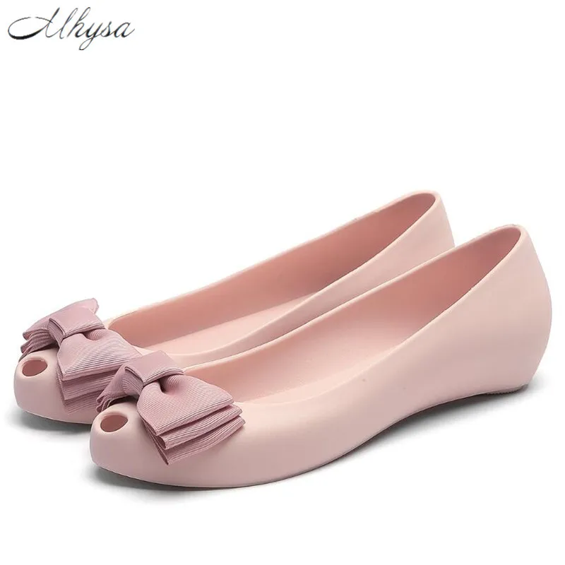 

Mhysa 2019 Jelly Flats Women Spring Summer Flat Heel Peep Toe Bow Shoes Sandals Slip On Rubber Shoes Woman sweet shoes T43