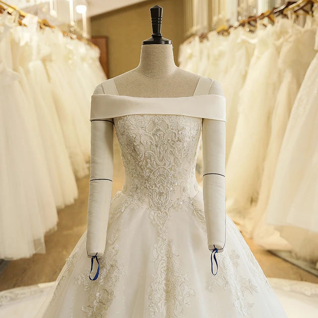H613T Bling Off-Shoulder Tulle Lace Satin Trim Backless Cheap Wedding Dresses 4