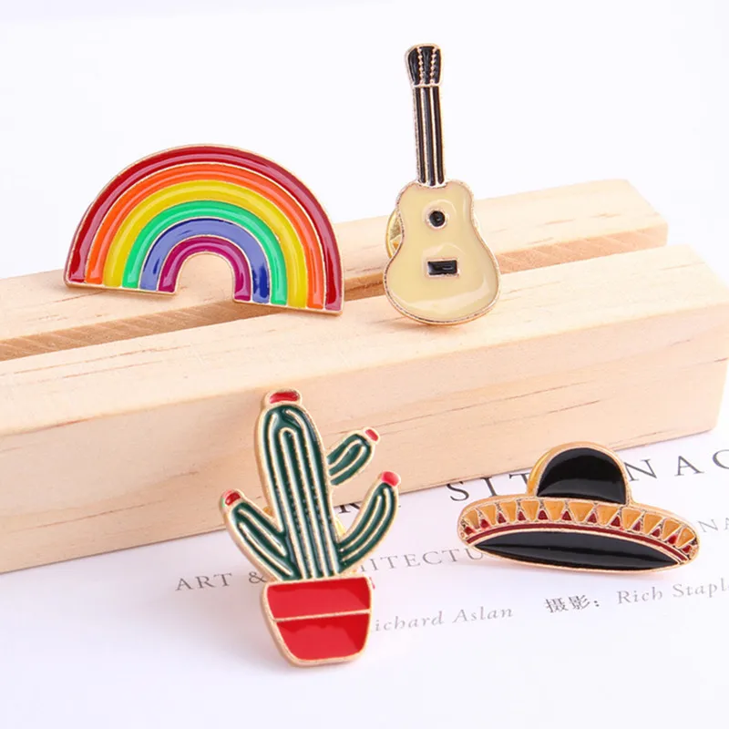 

Cute Rainbow Cactus UFO Guitar Brooch Denim Tops Pin Badge For Women Fashion Jewelry Cartoon Creative Collar Accessories Gift