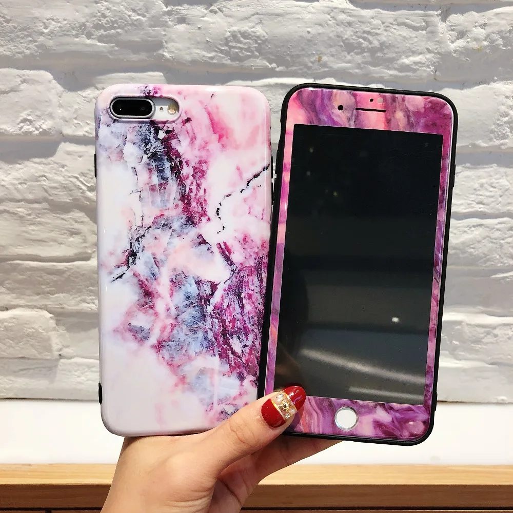 

for iPhone X 8 7 6 6S Plus Marble Case + Tempered Glass Sets IMD TPU Smooth Cover for iPhone 8Plus 7Plus 6Plus 6 s 10 Full Cover