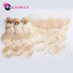Silkswan перуанские волосы для наращивания средства ухода за кожей волна 613 блондинка человеческие пучки волос Remy 3 Связки с 13x4 синтетический