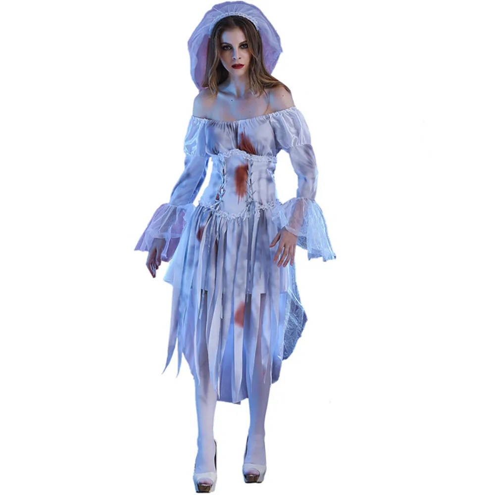 

Blood Stain Scary Women Cosplay Ghost Bride Costume Adult Haunting Skeleton Ghostly Bride of Doom Halloween Costumes Size