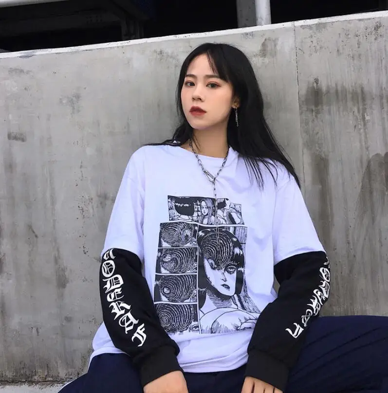

Autumn fake two piece loose long sleeves sweatshirt