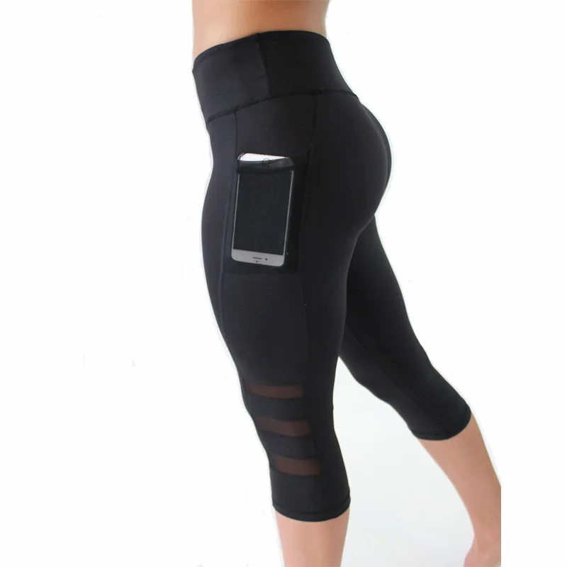 

Black Leggings Women Patchwork Mesh Capri Leggings High Waist Fitness Sporting Leggingswith Pocket Mid-Calf Trousers Jegging