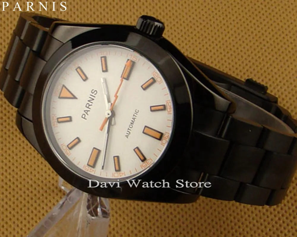 

Parnis 40mm PVD black case White dial sapphire glass Automatic mens watch