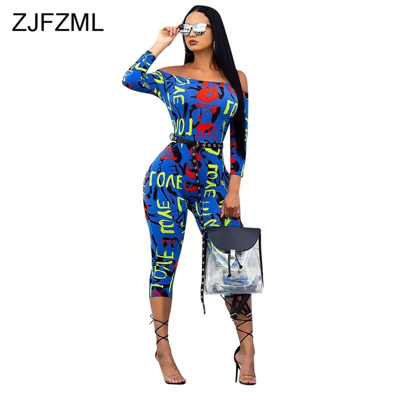 

Colorful Letter Printed Sexy Bodycon Jumpsuit For Women Slash Neck Off The Shoulder Party Catsuit Streetwear Long Sleeve Romper