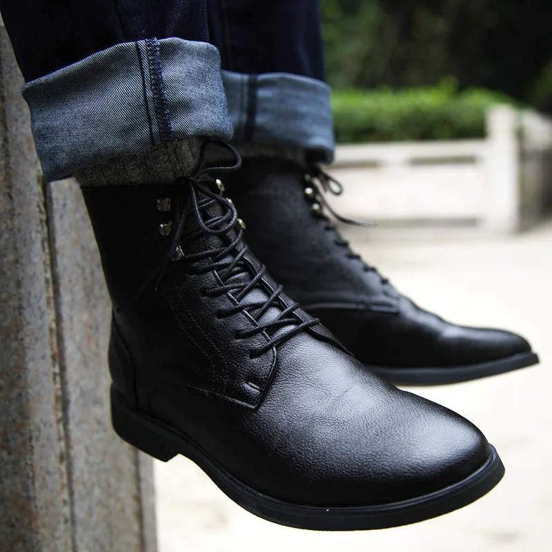 Masorini/мужские ботинки из искусственной кожи; зимняя обувь; модные мужские теплые ботильоны на шнуровке; мужская обувь с заклепками; BRM-053