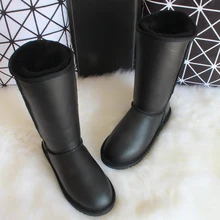 Сапоги из натуральной овечьей кожи; зимние сапоги до колена; австралийская натуральная шерсть; обувь на овечьем меху; водонепроницаемые женские высокие сапоги на плоской подошве