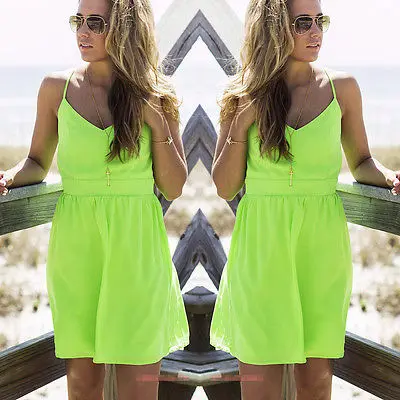 Sexy Women Backless Boho Summer Beach Dress Lime Green Spaghetti Strap ...