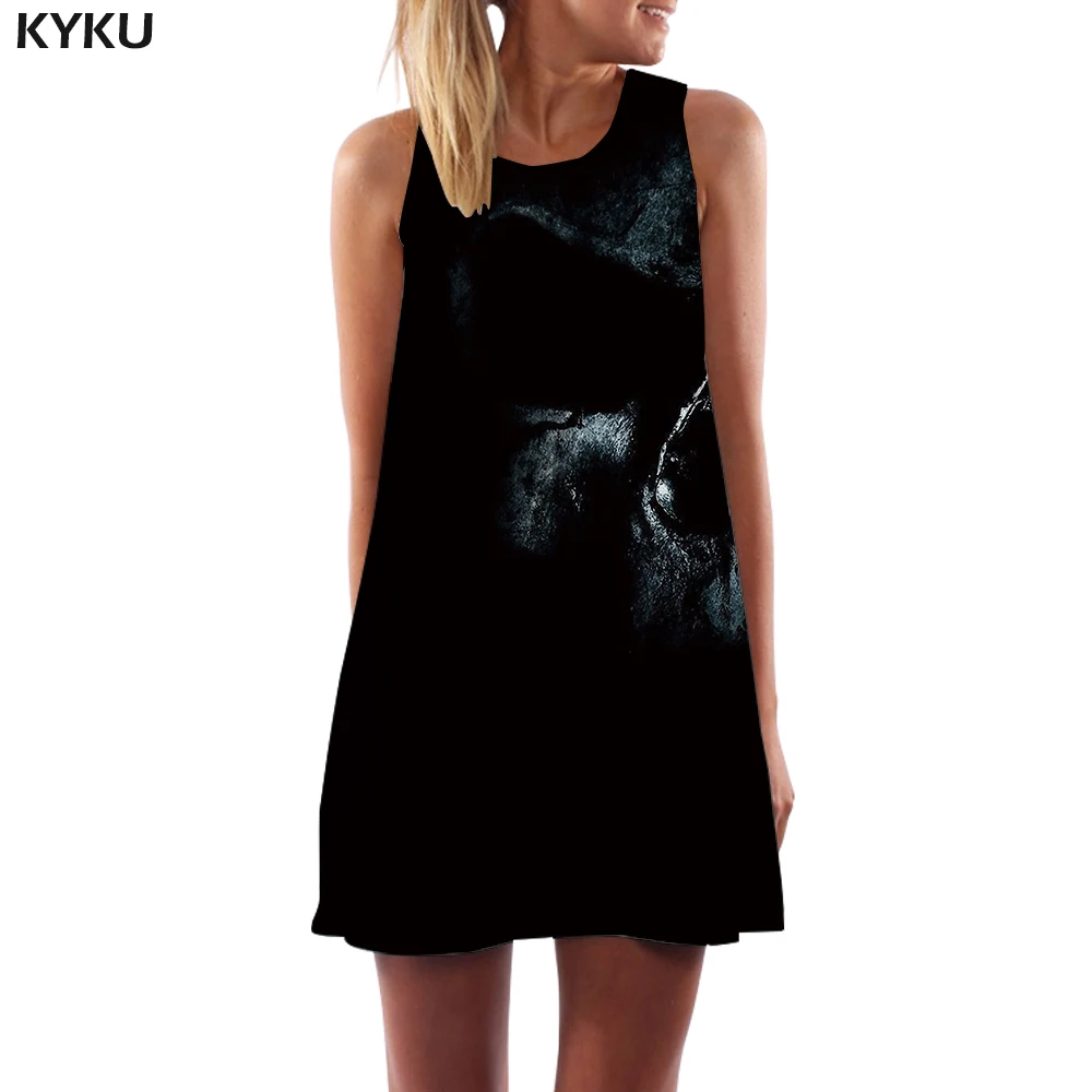 

KYKU Brand Skull Dress Women Skeleton Sundress Black Vestido Sexy Gothic Mini Punk Party Womens Clothing Vintage New Large Sizes