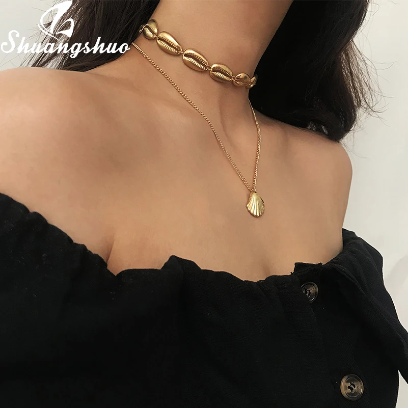 

Shuangshuo Vintage Shell Choker Necklace Layered Necklaces For Women Collar Beach Jewelry Sea Shells Chain Necklace Summer Gifts