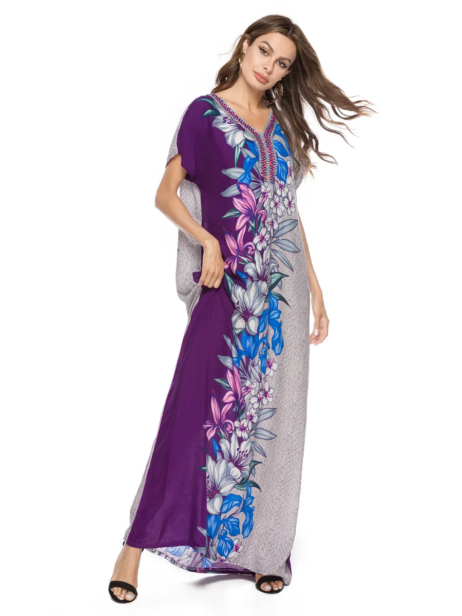 Летнее женское богемное Платье макси с цветочным принтом, с коротким рукавом, мусульманское, абайя, исламское, Дубай, арабское, ОАЭ платье размера плюс VKDR1553