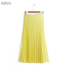 Женская плиссированная летняя юбка, одежда из полиэстера, желтая сторона, невидимая молния, эластичная резинка на талии, до середины икры, Прямая, SML