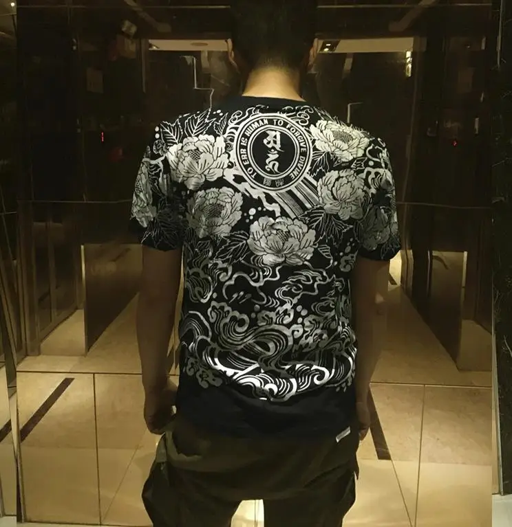 Японский стиль, мужские футболки с татуировкой дракона, мужская повседневная футболка с рисунком японского цветка Ukiyoe, хлопковая футболка с коротким рукавом в стиле хип-хоп - Цвет: Черный