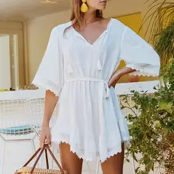 2019 бикини белое пляжное платье Saida de Praia Хлопок Пляжная накидка кафтан пляжное парео de Playa Mujer кружевной купальник