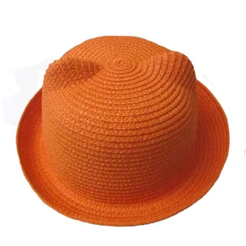 

2017 new Straw Hats Kids Character Ear Decoration Summer Cap Baby Sun Hat For Girls Boys Solid Bucket Cap beanies Beach Hat