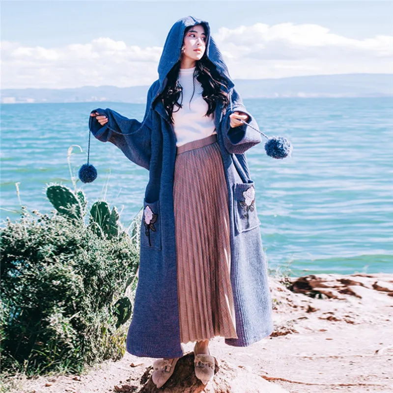

2018 Autumn Winter Lazy Women Harajuku Sweaters Coat Retro Hairball Loose Long Knit Coats Oversize Embroidery Hooded Cardigans