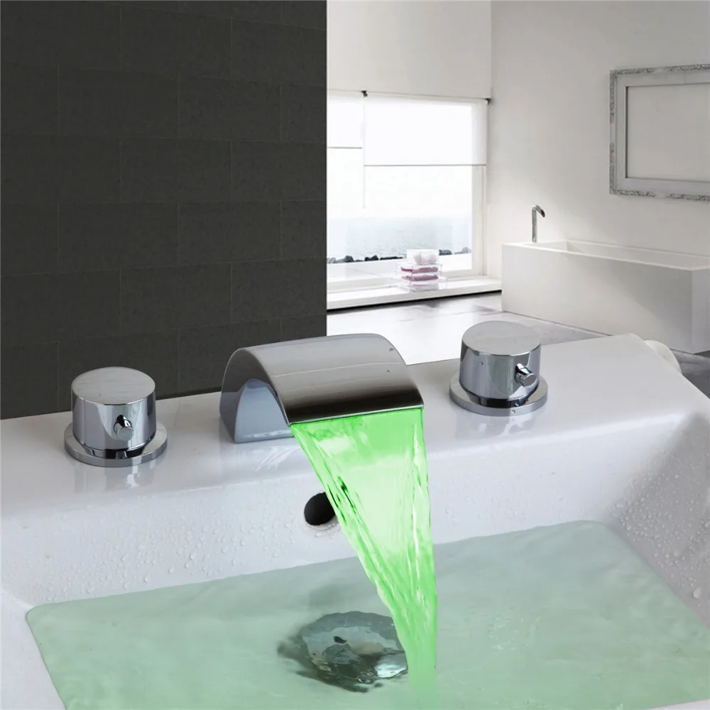 

LED Difference Design Basin Faucet Chrome Polished Dual Handle Deck Mounted Ceramic Hot Cold Water Eminent Basin Faucet