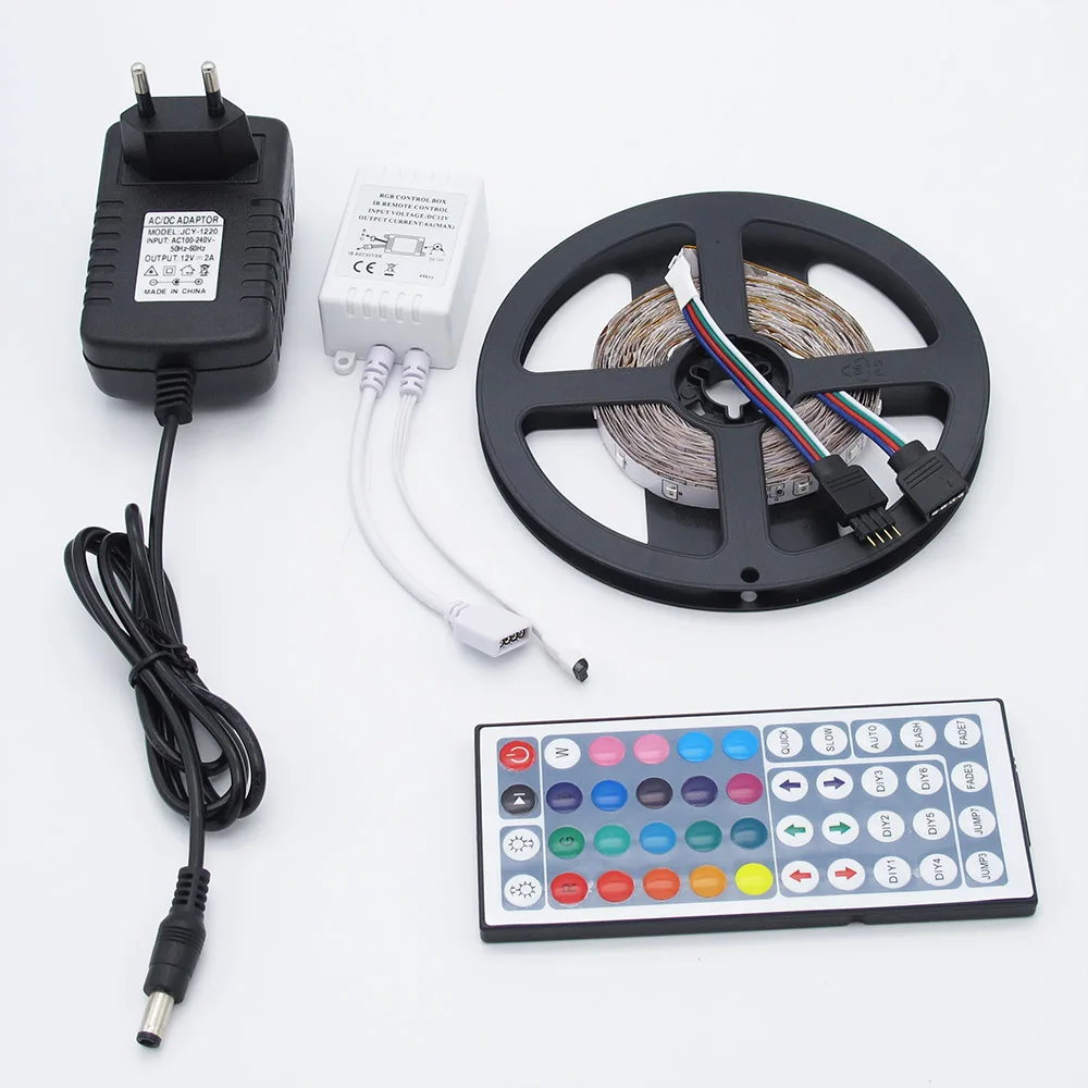 

5m RGB LED Strip Light Non Waterproof SMD 2835 Garland Gaskets 44 Keys IR Remote Controller Flexible DC 12V 2A Power Adapter